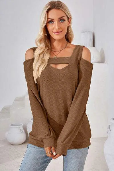 Cutout Square Neck Cold Shoulder T-Shirt Chestnut Women's T-Shirts - Tophatter Daily Deals